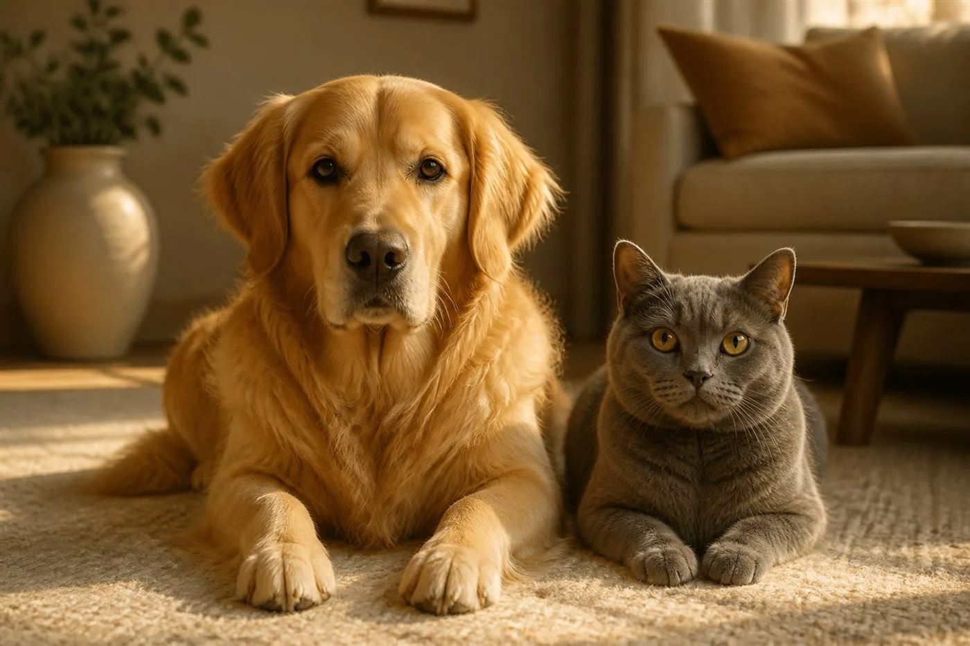 Golden retriever and grey cat sitting together